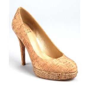 Stuart Weitzman Pump Cork Raffia Natural Beige Platform Round Toe Slim H…